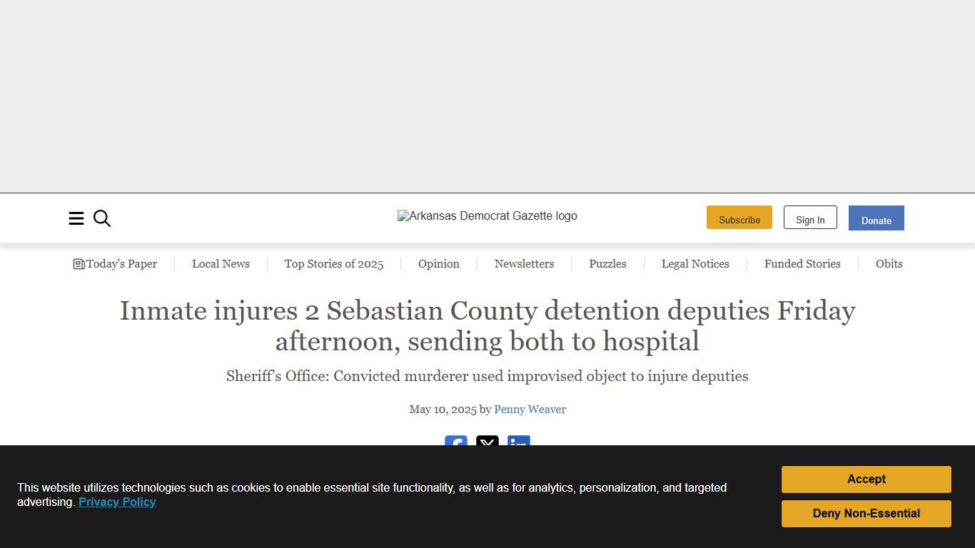 Inmate injures 2 Sebastian County detention deputies Friday afternoon, sending both to hospital | The Arkansas Democrat-Gazette - Arkansas' Best News Source